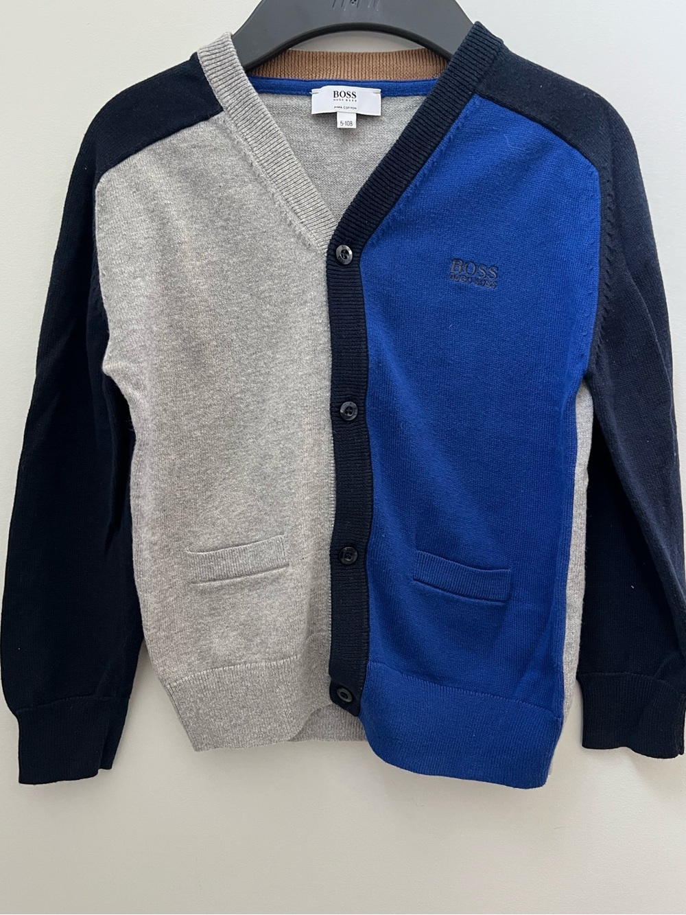 Hugo Boss Colorblock V-Neck Cardigan in Gray, Royal Blue Black Soft Pima Cotton